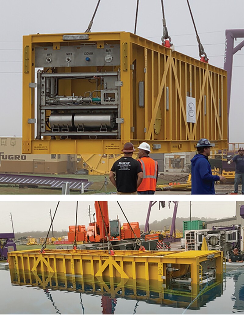 A prototype of a chemical delivery unit lifted and then lowered into a test pool in Katy, Texas.