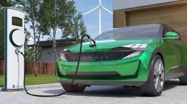 electric car SUV charging at home in front of modern low energy suburban house