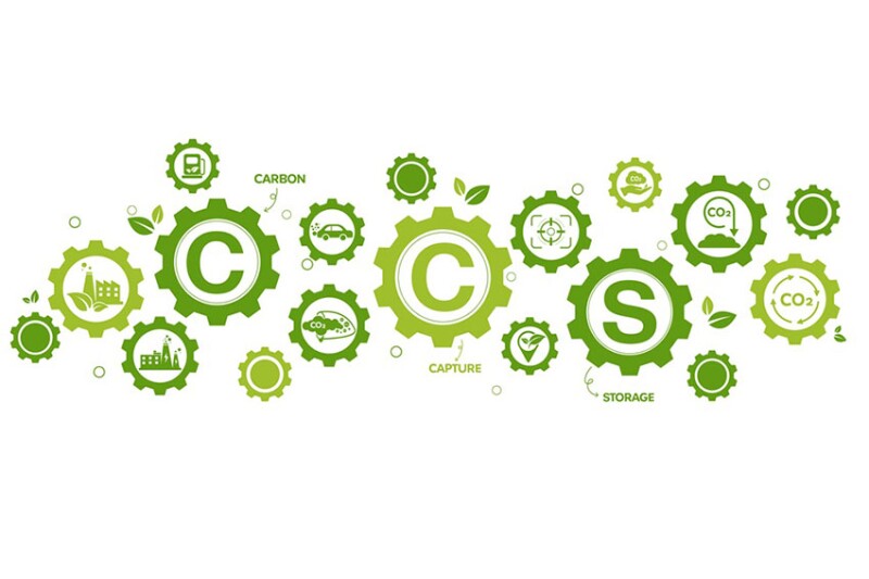 CCS concept, Carbon Capture Storage with icons to drive industry and company to the direction of reduce carbon emissions on green environmental  wheel background. Vector illustration and template.