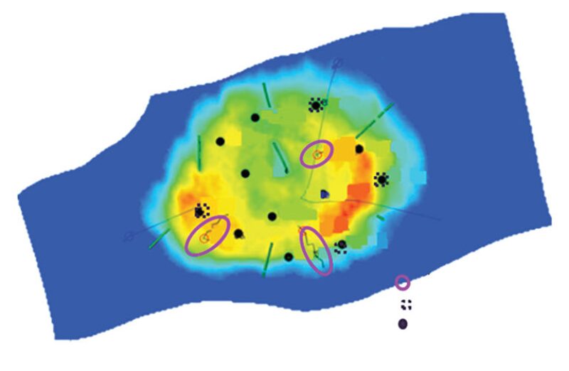 Fig. 1—XH/XI saturation map with potential infill locations.