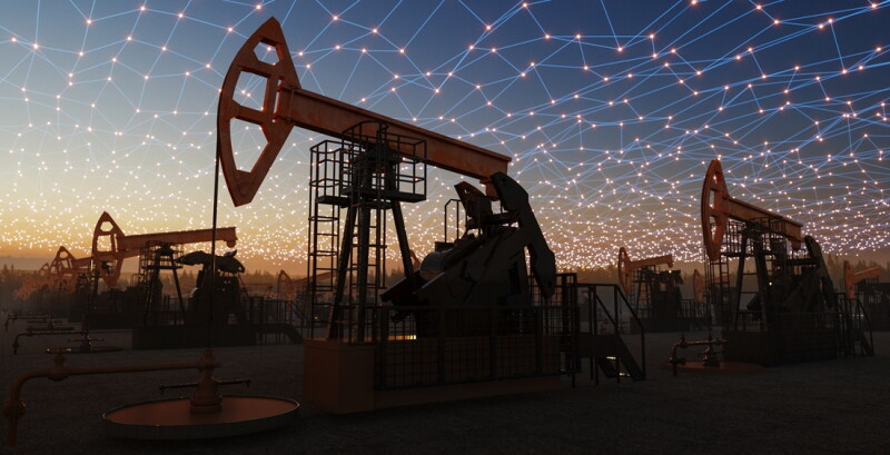 Connected Smart Oil Field Concept with Pump Jacks at Sunset