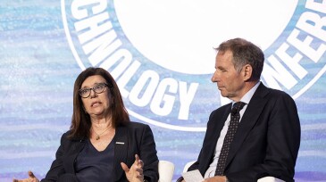 Petrobras CEO Magda Chambriard (left) speaking during the 2025 Offshore Technology Conference (OTC) in Houston with Rystad Energy CEO Jarand Rystad. Source: OTC/Luke Franke.