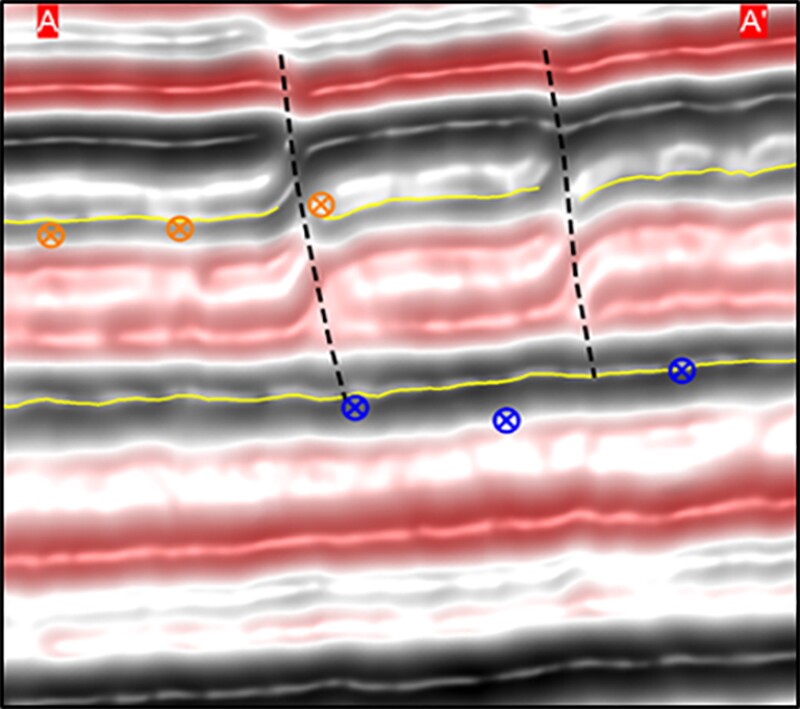 Vertical seismic slice across two landing zones