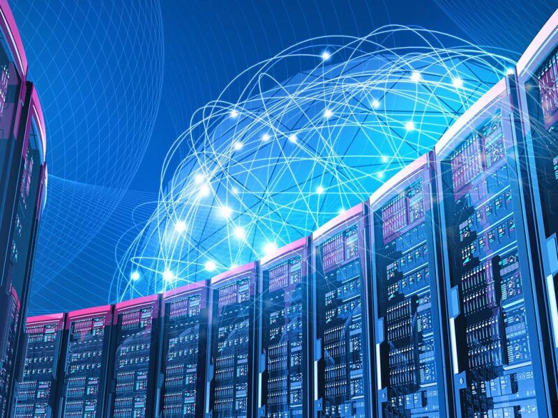 Abstract big data concept with servers and connected globe