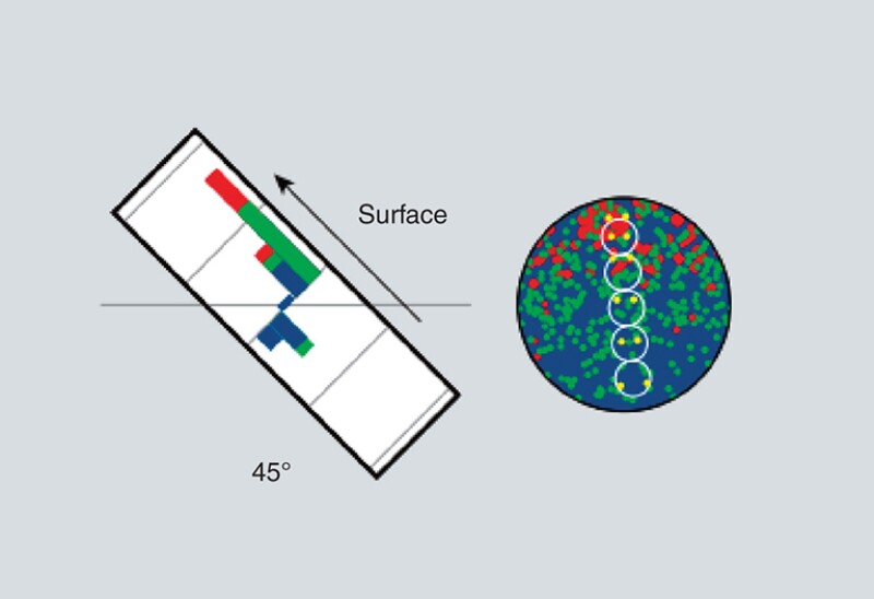 Five minispinner readings (right) show fluid recirculation in a deviated well in the advanced production-logging toolstring.