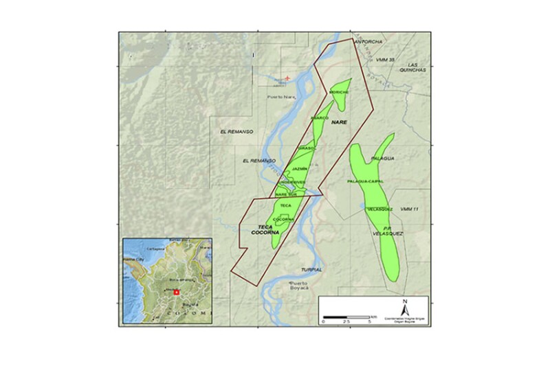 The location of heavy oil fields in the MMV basin under evaluation (polygon).