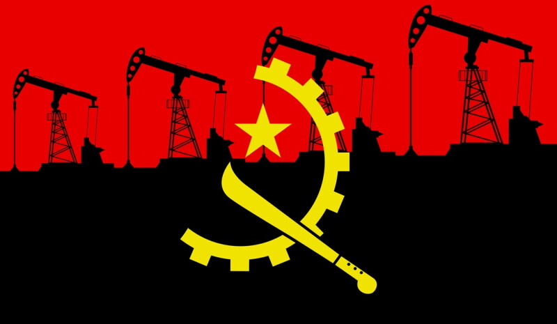 Oil pump on background of flag of Angola. Vector illustration