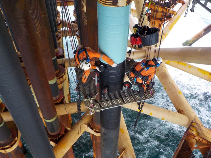 The Stopaq system being applied to an offshore structure in a bid to stifle corrosion brought on by the elements at sea. Source: Seal for Life.