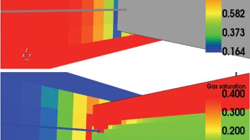 Oil relative permeability (top) and gas saturation (bottom) after simulation goes below bubblepoint.