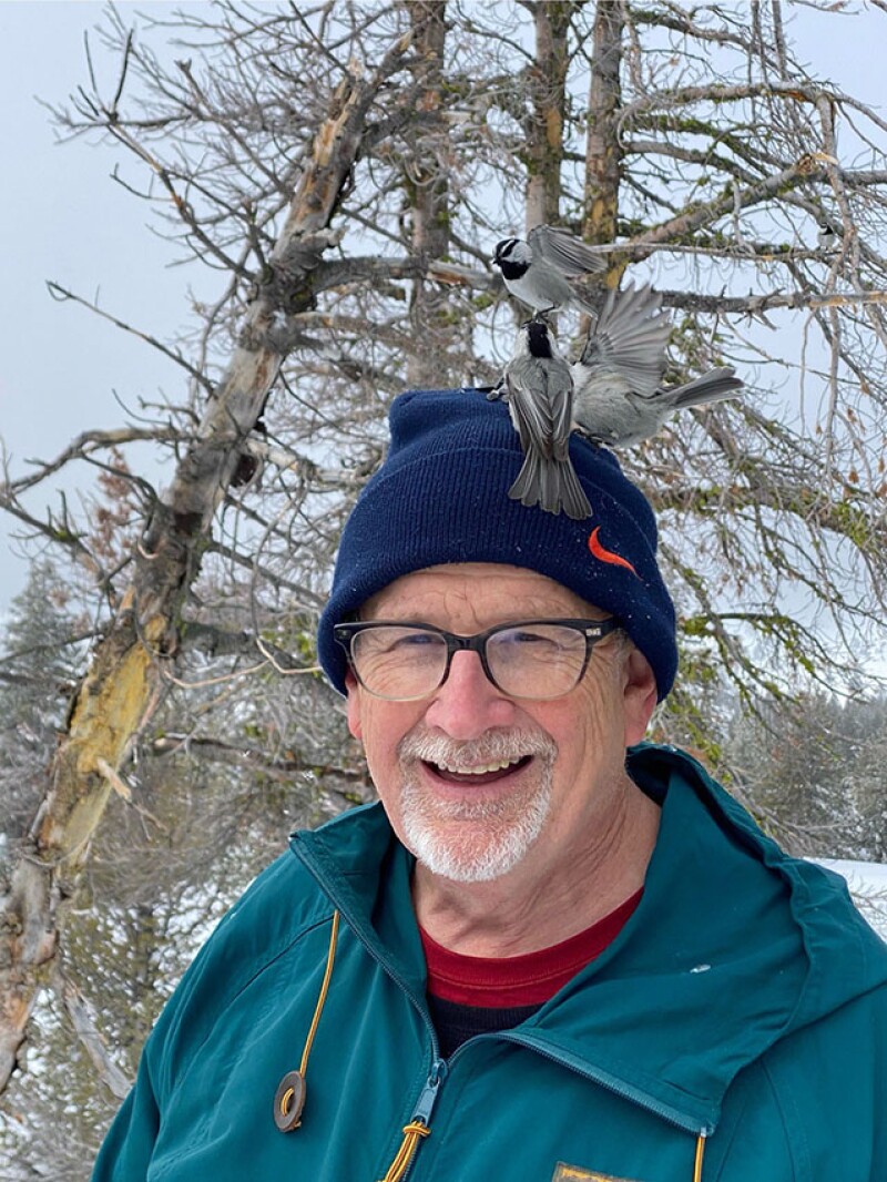 On the way home from his last industry conference, Steve stopped to visit a friend near Lake Tahoe for some snowshoeing and was joined by a few happy chickadees. Source: Sam Limerick.