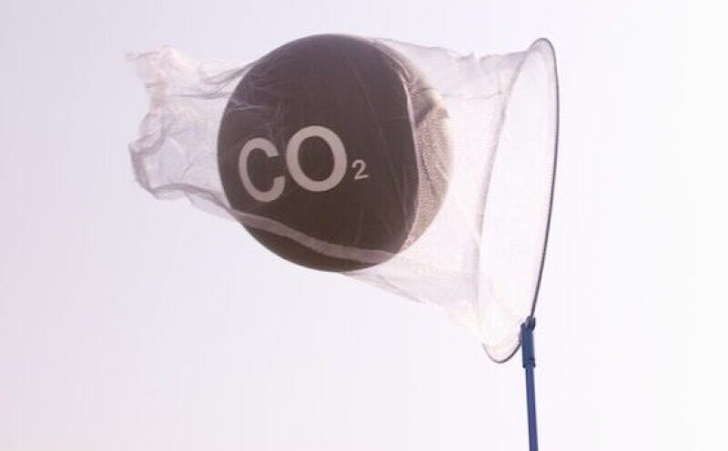 Ball labeled CO2 being captured in a net