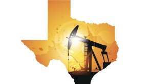 Map of Texas and oil derrick