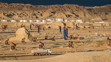 Mature field production operations in the Gobi Desert near the edge of Junggar Basin