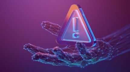 Warning, attention symbol with exclamation mark in the triangle on the abstract human hand made with atom array and plexus effect
