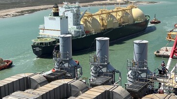 An LNG carrier makes its way along the Texas Intracoastal Waterway near Corpus Christi.