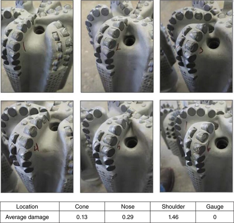 Based on a localized damage analysis of a fixed cutter bit, the cause appears to be bit whirl.