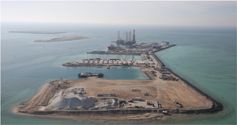 The artificial island from which the deep, deviated appraisal well was drilled and tested.